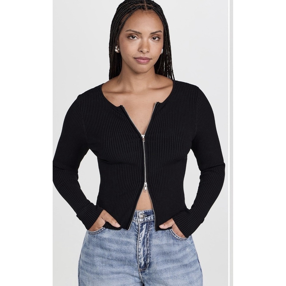 Good American Virgo Sweater Ribbed Zip Front BLACK Size 2XL ANTHROPOLOGY $179